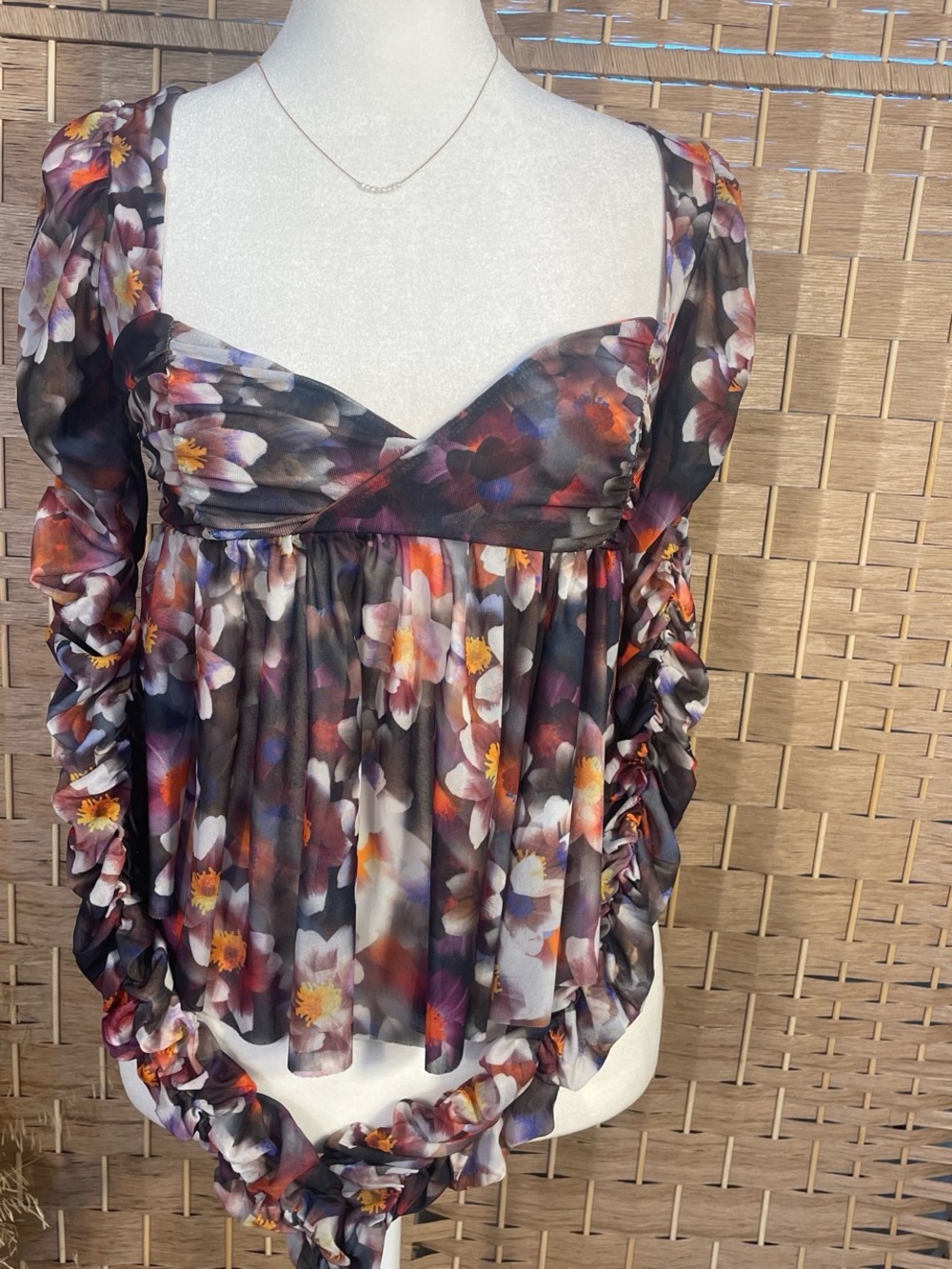 Floral Ruched Long Sleeve Peasant Top - Black Multi